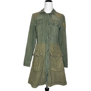 Free People Colorblock Military Coat Jacket XS Green Canvas Distress Plaid Lined